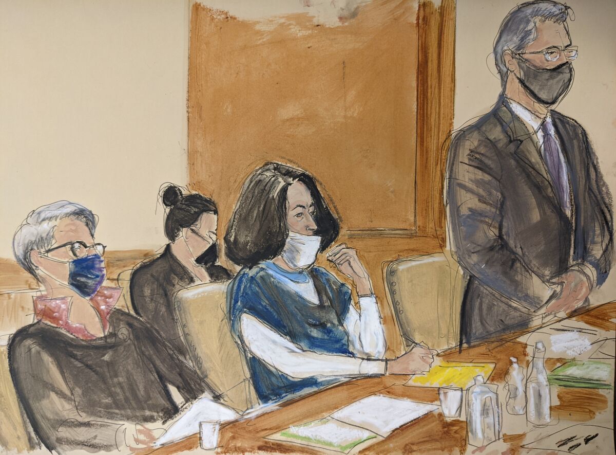 In this courtroom sketch, Ghislaine Maxwell, center, listens during a court hearing flanked by her attorneys, Bobbi Sternheim, left, and Jeffrey Pagliuca, right, Monday, Nov. 1, 2021, in New York. Maxwell was brought into a Manhattan courtroom for the lengthy hearing where U.S. District Judge Alison Nathan made a series of rulings over how the trial starting later this month will unfold. (AP Photo/Elizabeth Williams)