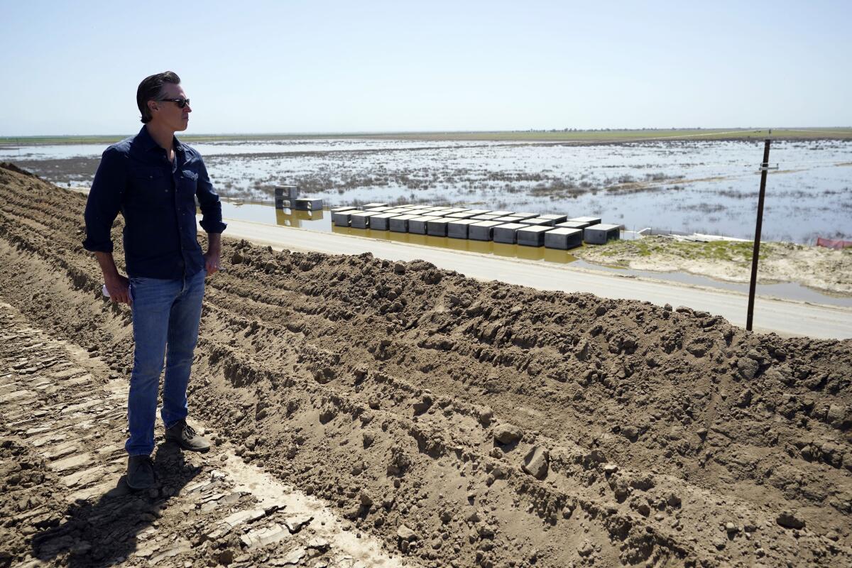 Gov. Gavin Newsom on Tuesday takes in a flooded field outside of Alpaugh, Calif.