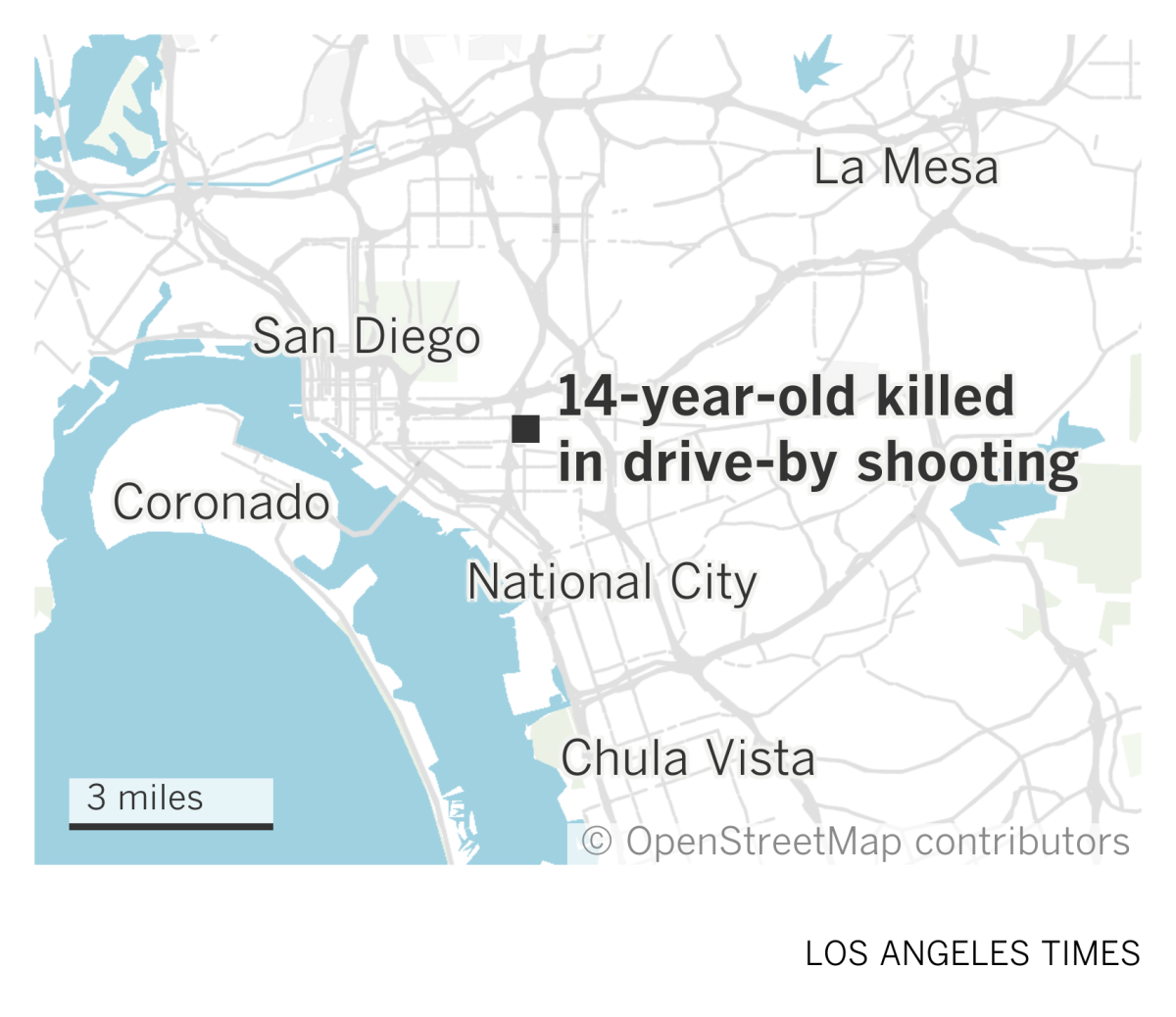 A map of San Diego showing where a 14-year-old boy was killed