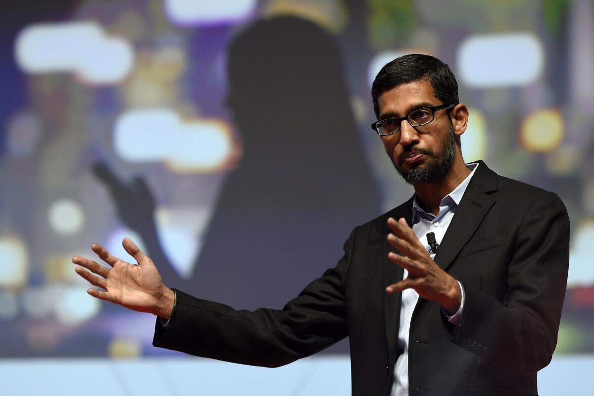 Google's Sundar Pichai speaks during the opening day of the Mobile World Congress in Barcelona, Spain, on March 2.