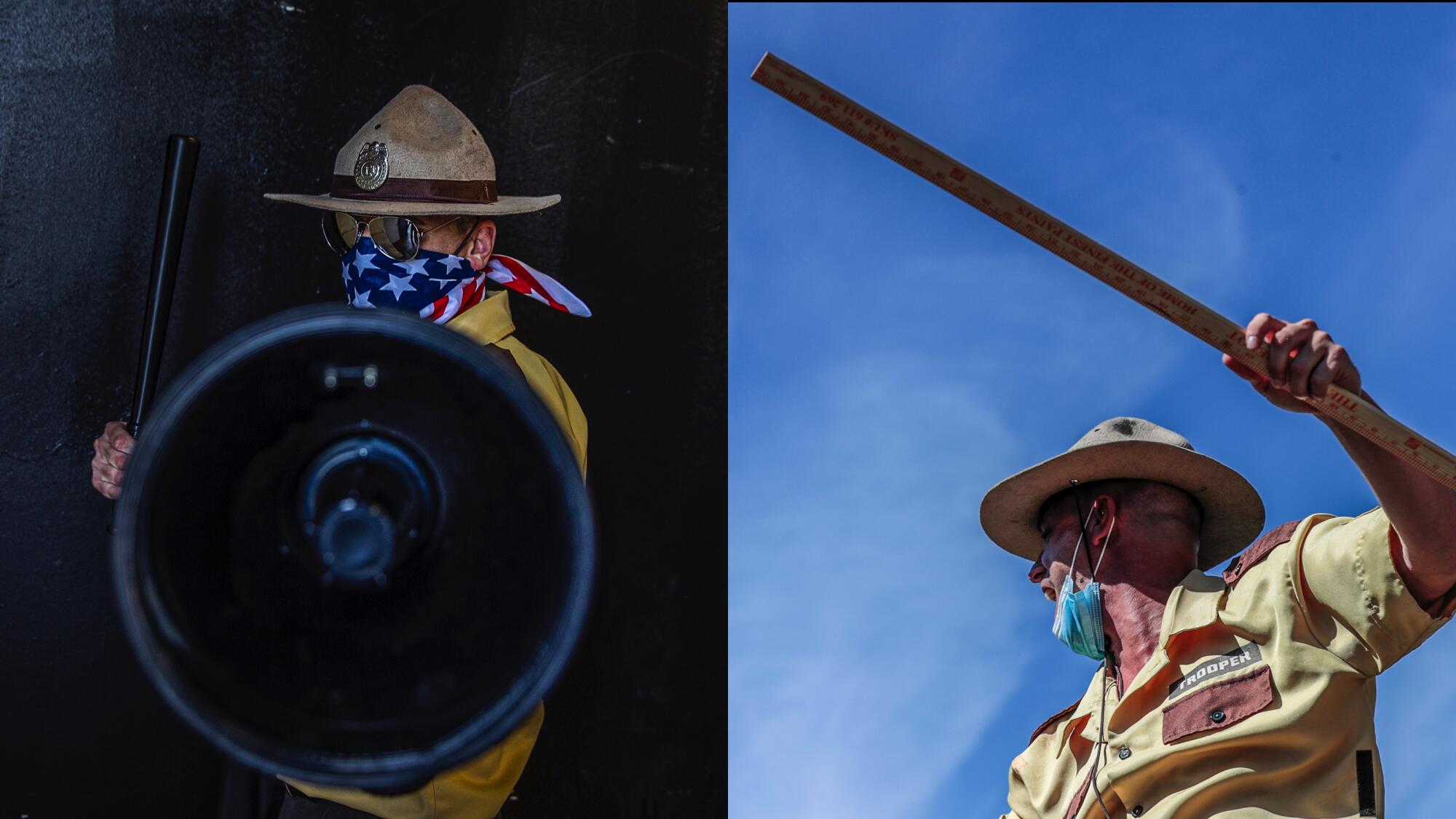 Randy  Order backstage, left. Order carries a yardstick and threatens to expel fans who are not properly socially distanced.