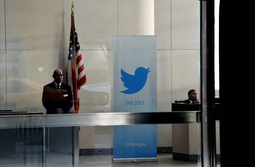 A Twitter banner displayed at the offices of JPMorgan Chase in New York City.