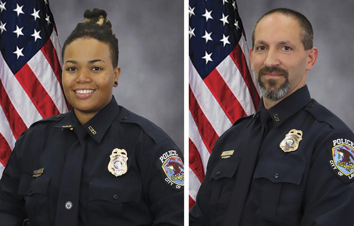 Side-by-side photos of a woman and a man in dark police uniform 