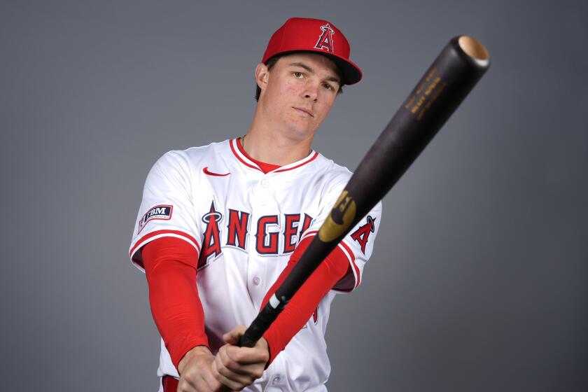 This is a 2024 photo of Mickey Moniak of the Los Angeles Angels baseball team. This image reflects the Angels' active roster as of Wednesday, Feb. 21, 2024, when this image was taken in Tempe, Ariz. (AP Photo/Matt York)