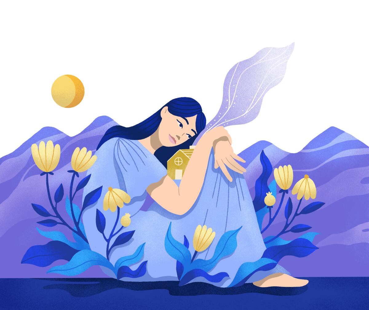 Illustration of a woman hugging her home as flowers bloom around her.