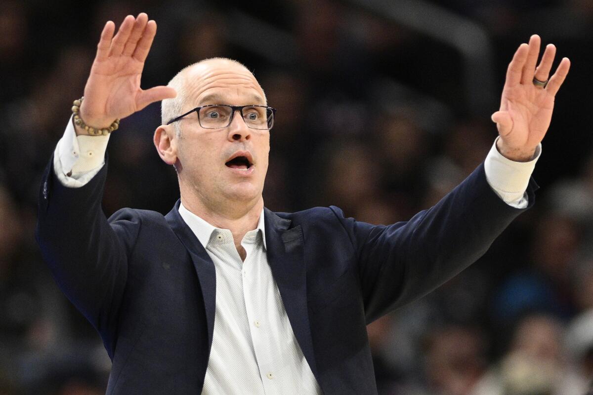 Connecticut head coach Dan Hurley reacts to a play during a Final Four game against Alabama.