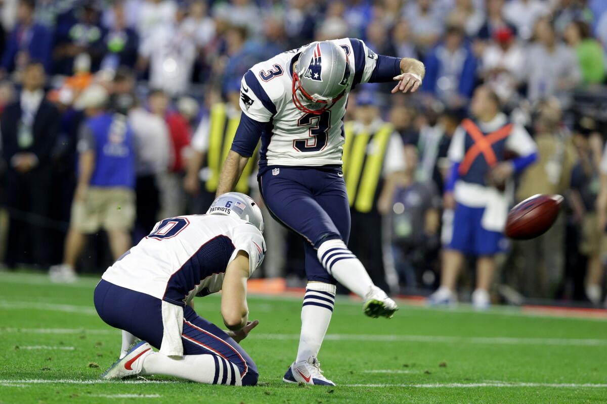 The NFL introduced a rule change that moves the extra-point attempt after a touchdown from the two-yard line back to the 15-yard line. Above, New England Patriots kicker Stephen Gostkowski attempts an extra point during the Super Bowl on Feb. 1