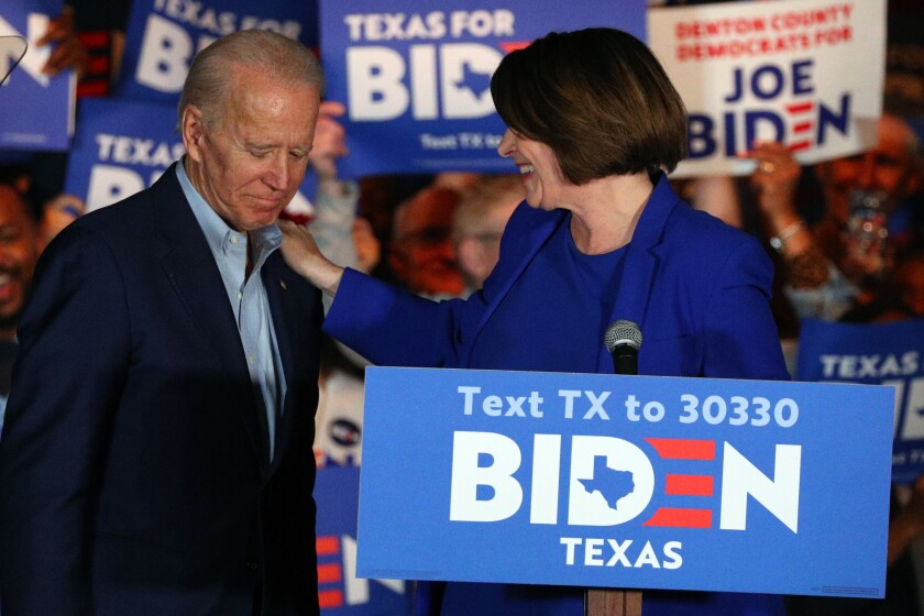 Sen. Amy Klobuchar endorses Joe Biden for president on March 2 in Dallas. 