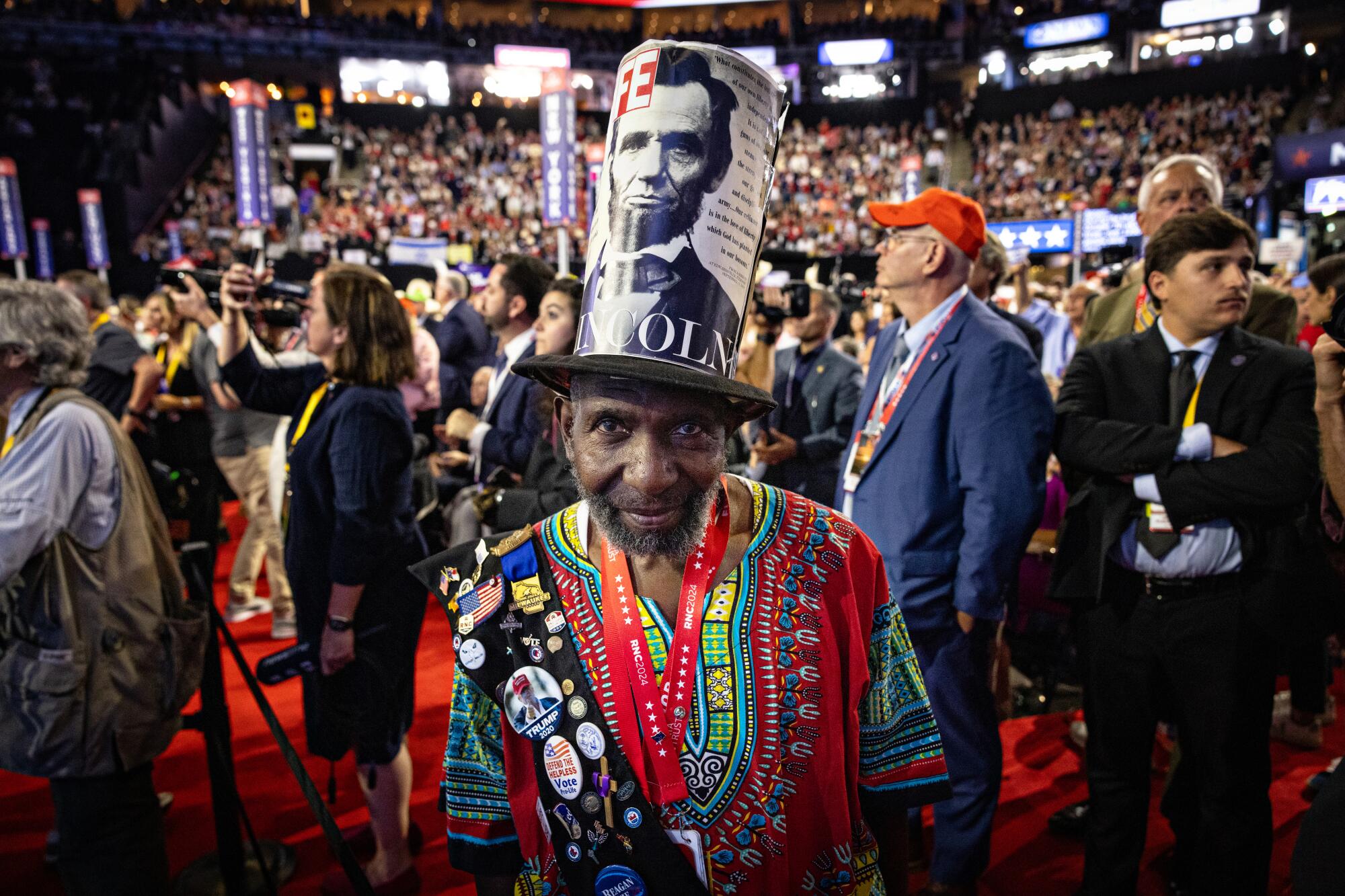 Alvin Porter Jr. of South Carolina wears a Lincoln top hat at the 2024 Republican National Convention.