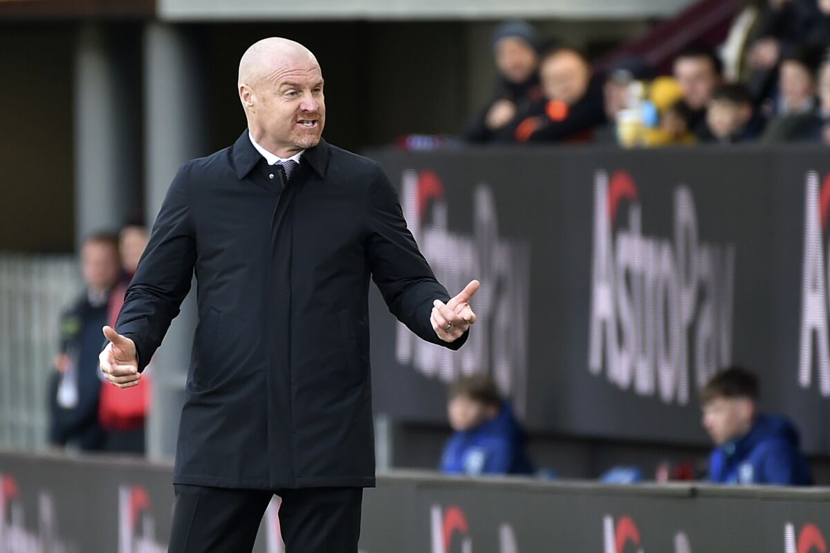 Burnley's manager Sean Dyche reacts during the Premier League soccer match between Burnley and Manchester City at Turf Moor, in Burnley, England, Saturday, April 2, 2022. (AP Photo/Rui Vieira)