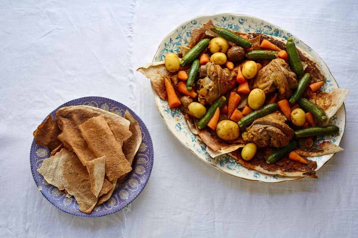Tharid, Arabian Meat and Vegetable Stew Over Crispy Bread