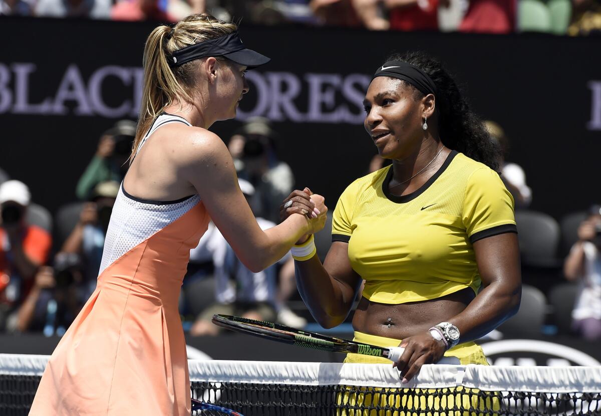 Serena Williams, right, is congratulated by Maria Sharapova after winning their quarterfinal match at the 2016 Australian Open.