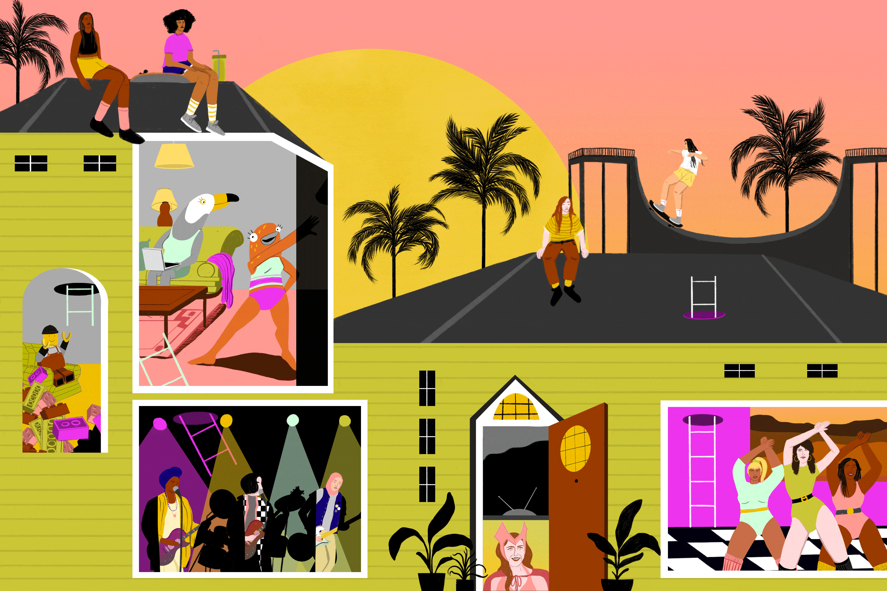 An illustration of the rooms in a house, with activities inspired by summer TV shows.