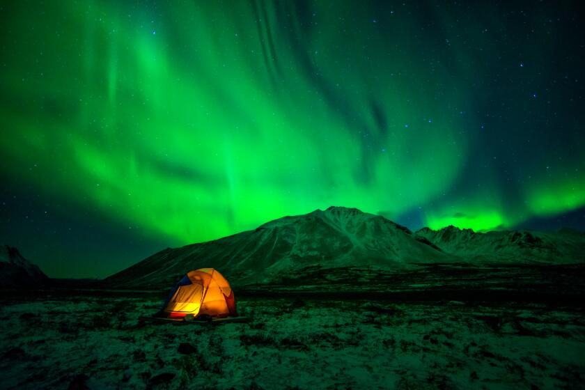 Tent camping under Northern Lights (Aurora Borealis) at Tombstone Territorial Park in Yukon.