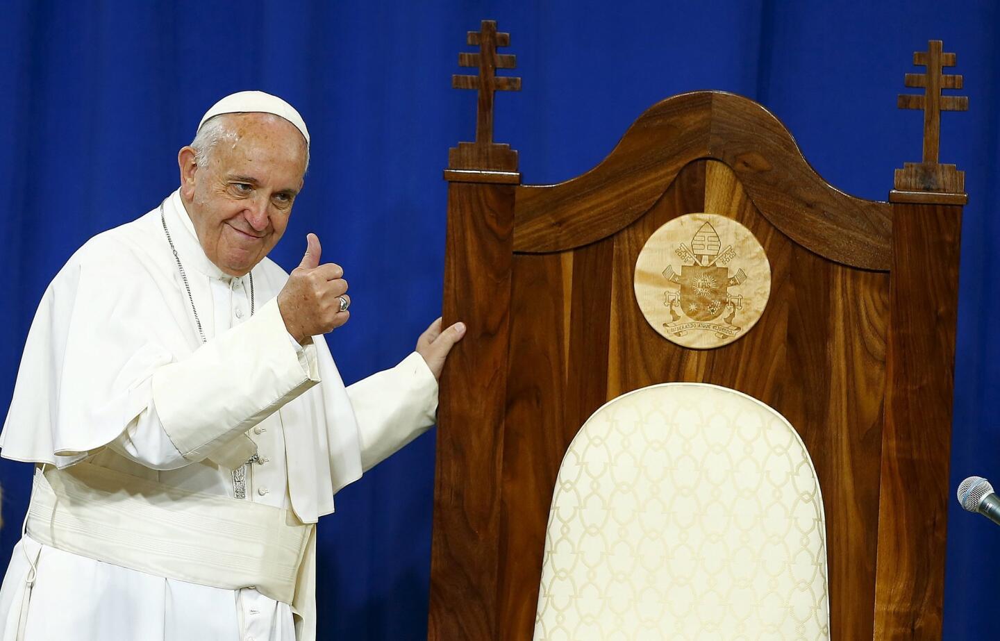 Pope Francis acknowledges the chair made for him by inmates at Curran-Fromhold Correctional Facility on Sept. 27, 2015, in Philadelphia.