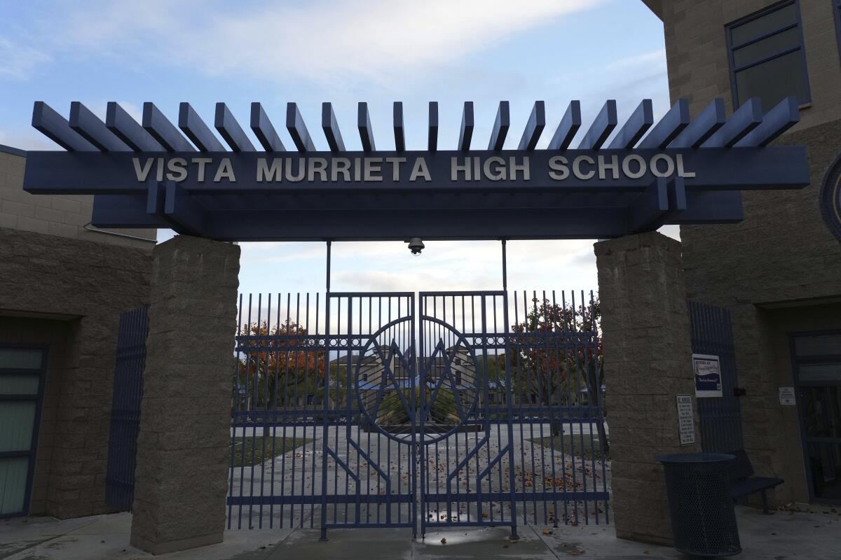 The entrance to Vista Murrieta High School in Murrieta