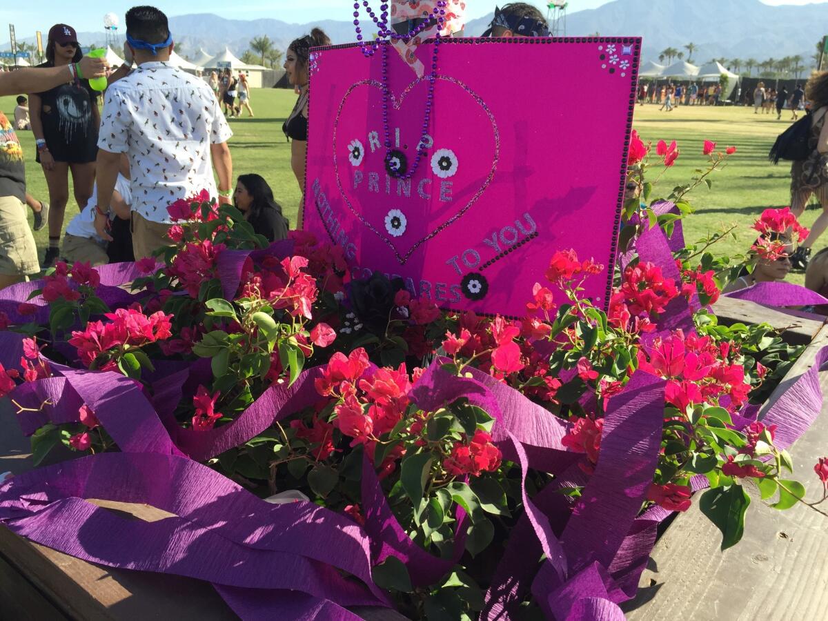 A memorial to Prince at the Coachella entrance.