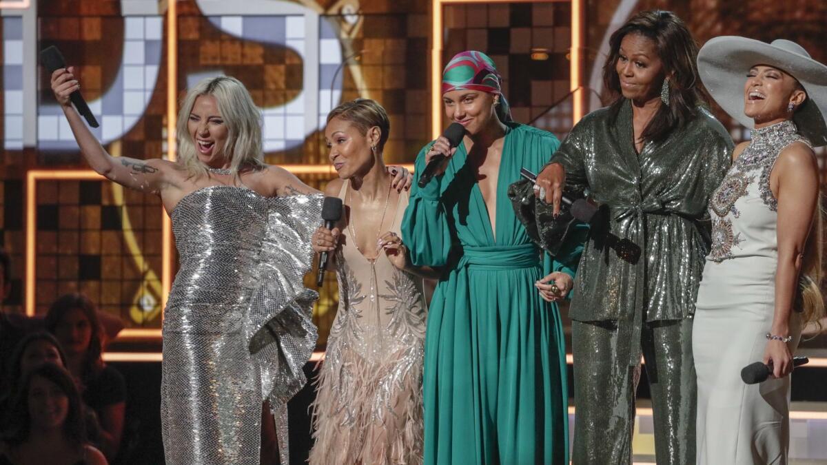 From left: Lady Gaga, Jada Pinkett Smith, Alicia Keys, Michelle Obama and Jennifer Lopez at the 61st Grammy Awards.