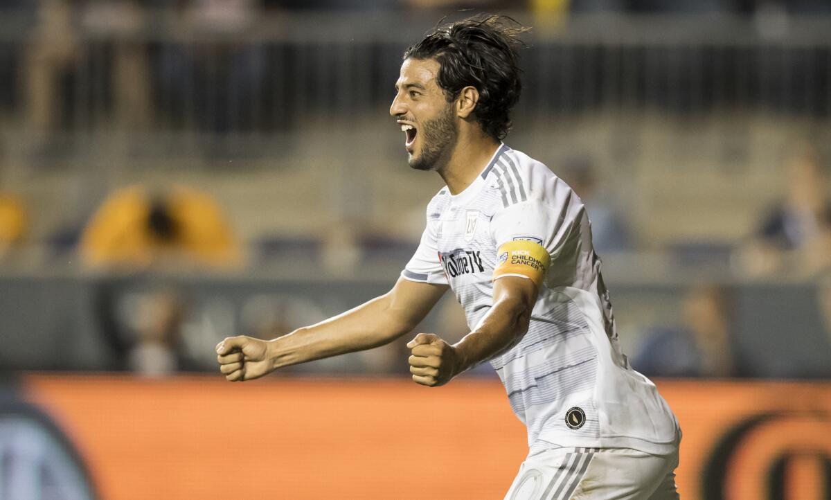 LAFC captain Carlos Vela celebrates after scoring a goal against the Philadelphia Union on Sept. 14 in Chester, Pa.