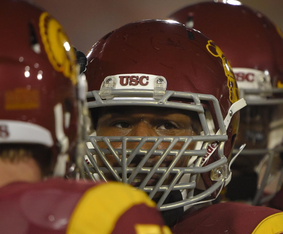 USC linebacker Hayes Pullard looks on before the Trojans' game against Oregon State on Sept. 27. USC beat Oregon State, 35-10.