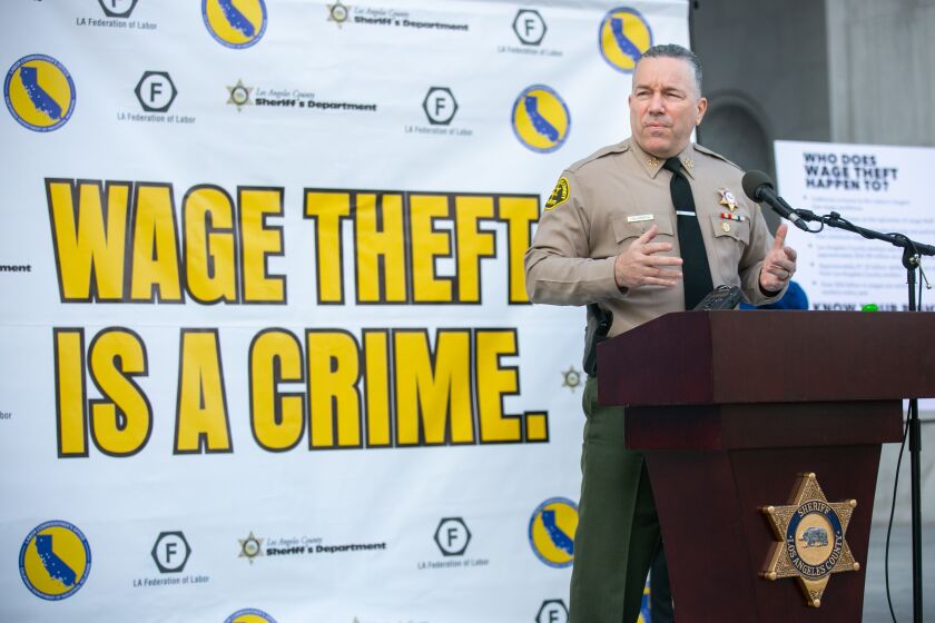 LOS ANGELES, CA - FEBRUARY 09: Sheriff Alex Villanueva speaks at a press conference to announce a new sheriff's task force targeting wage theft on Tuesday, Feb. 9, 2021 in Los Angeles, CA. (Jason Armond / Los Angeles Times)