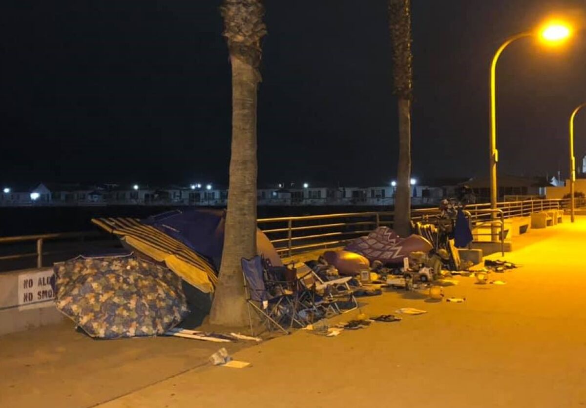Homeless camps like this one south of Crystal Pier raised concerns at the October Pacific Beach Town Council meeting.