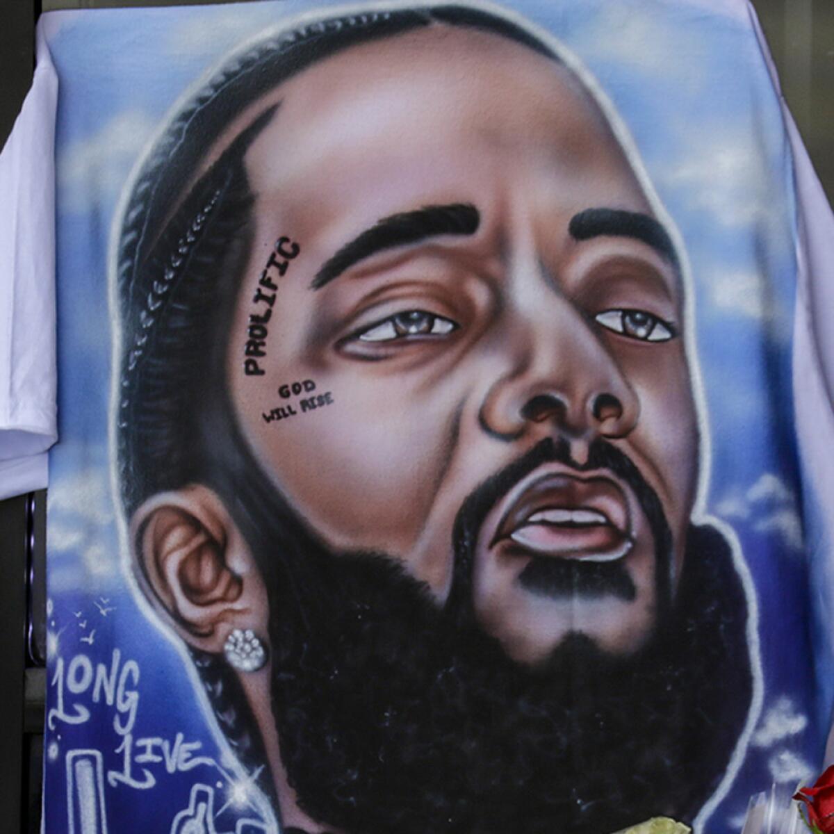 A makeshift memorial for Nipsey Hussle.