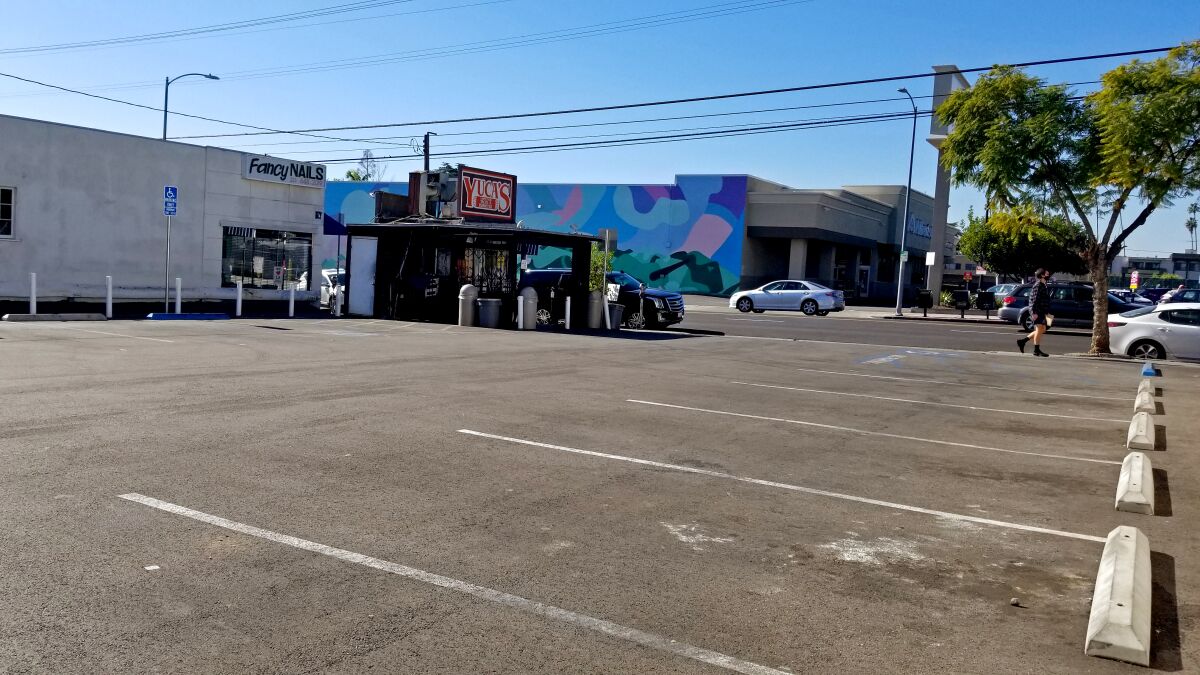 An empty parking lot outside Yuca's, a taco shack in Los Feliz.
