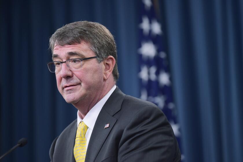 Secretary of Defense Ashton Carter, shown speaking earlier this month at the Pentagon, said Sunday that Iraqis must have the "will to fight" to defeat the Islamic State militants.