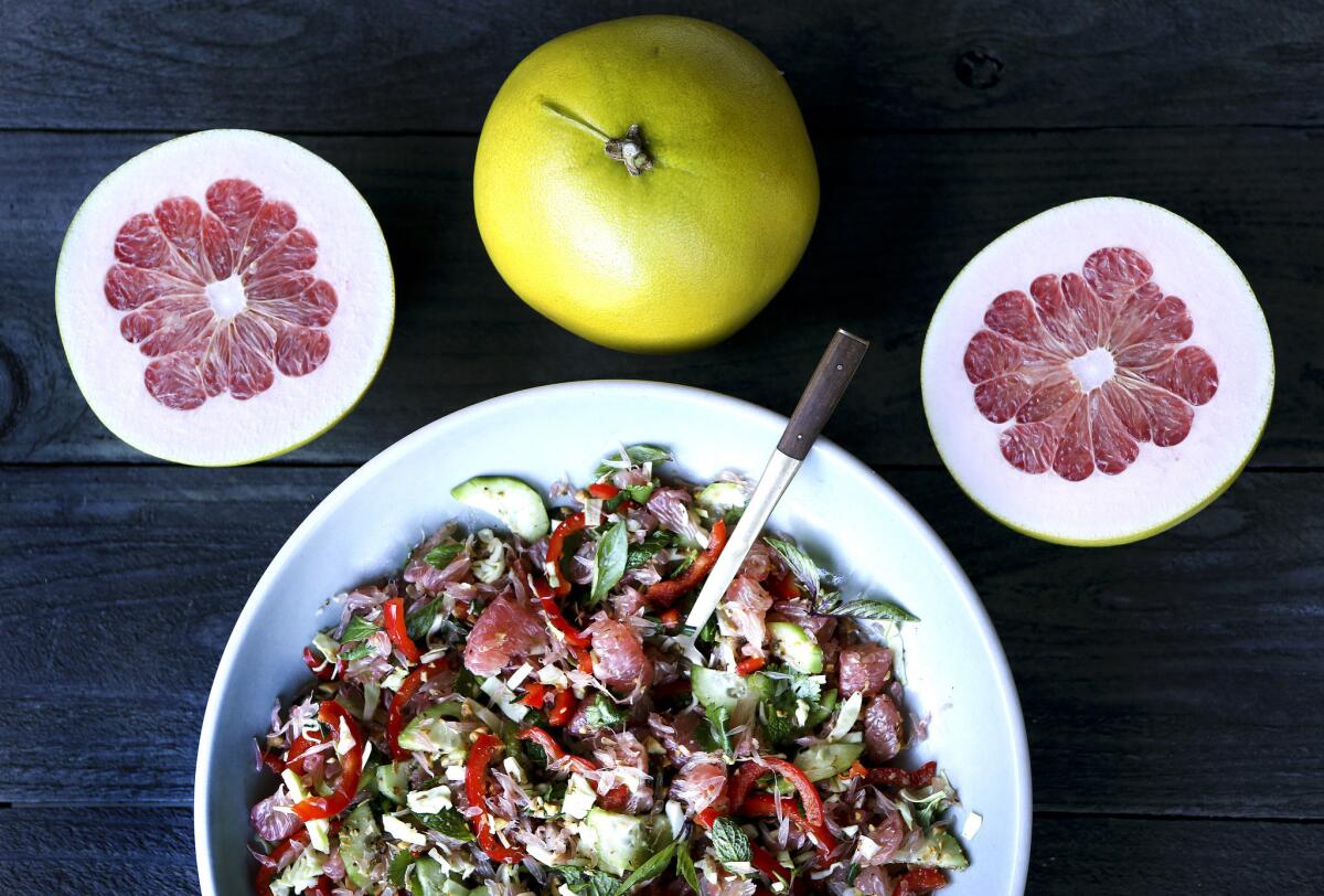 Pomelo salad Phnom Penh (a Cambodian citrus, vegetable and herb salad) photographed at the home of Jeanne Kelley in Los Angeles.