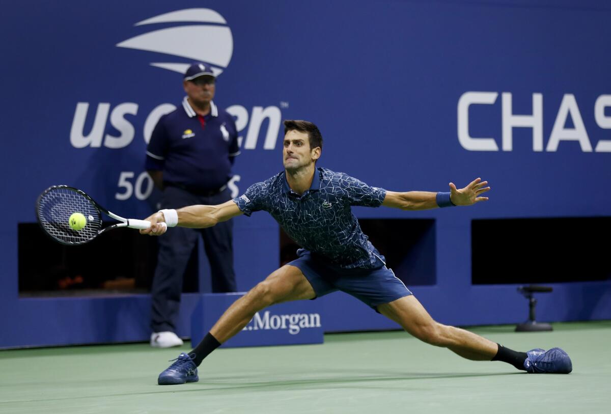FILE - In this Sept. 9, 2018, file photo, Novak Djokovic, of Serbia, returns a shot to Juan Martin del Potro, of Argentina, during the men's final of the U.S. Open tennis tournament in New York. Djokovic is seeded No. 1 for the U.S. Open, which he won last year for the third time. (AP Photo/Adam Hunger, File)