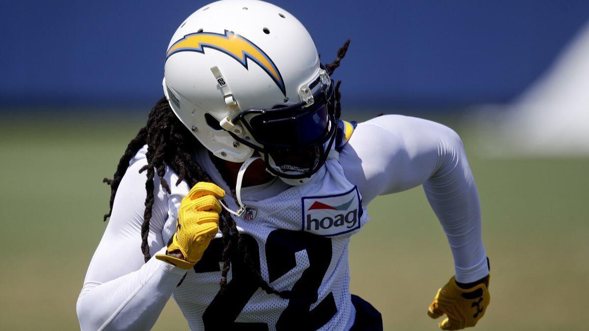 Chargers' Jason Verrett works out during practice at the team's minicamp on Wednesday in Costa Mesa.
