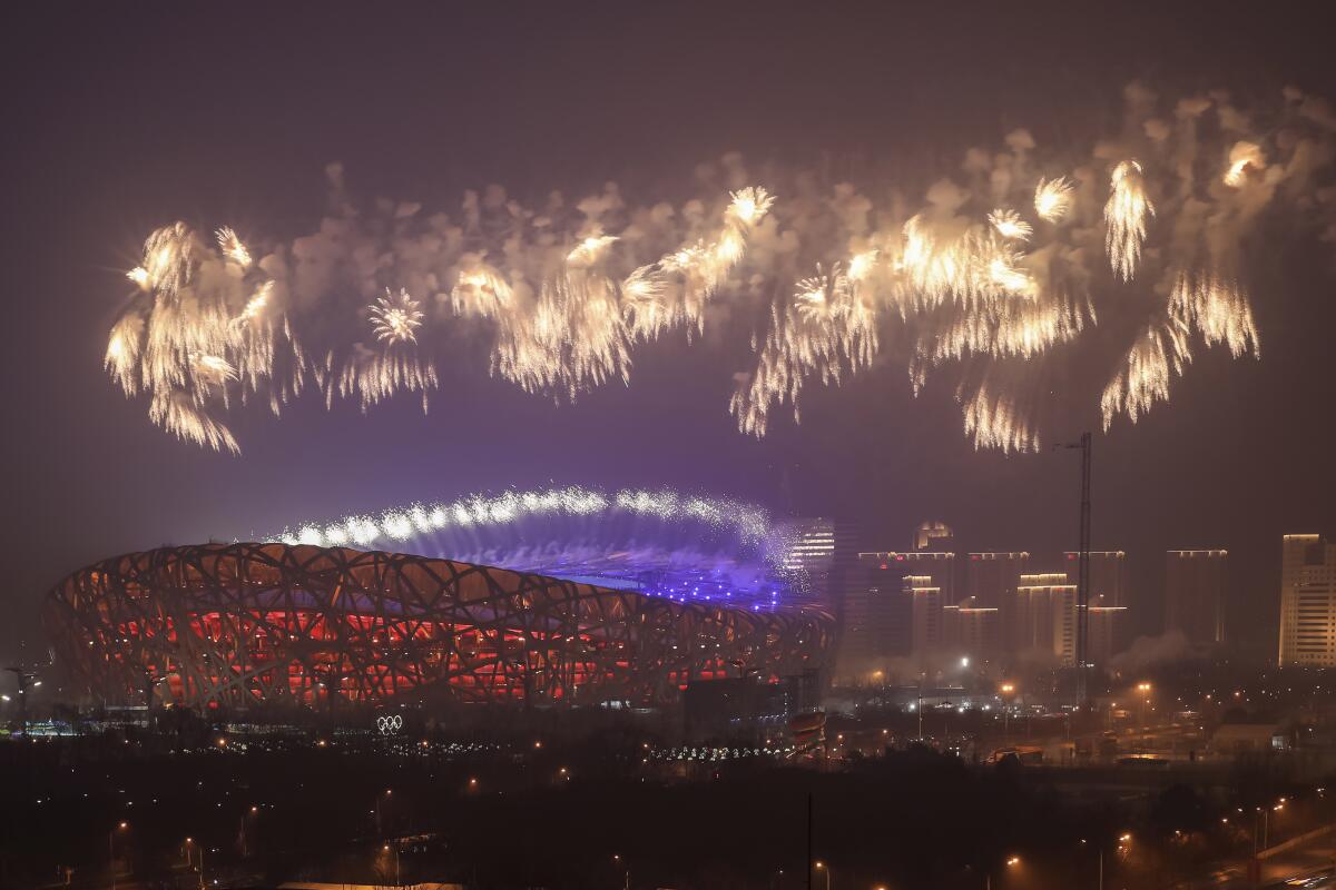 Fireworks explode over National Stadium in Beijing during a rehearsal for the Winter Olympics opening ceremony.