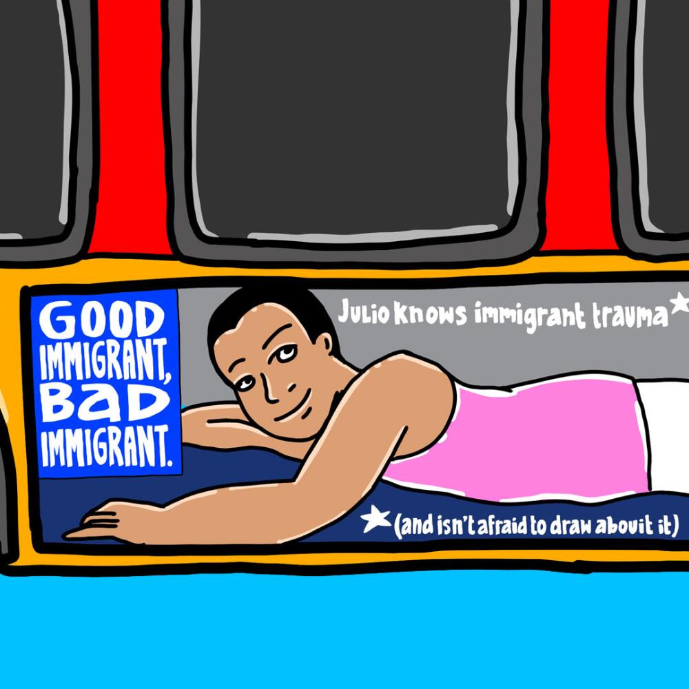 Image of the author on a bus billboard 