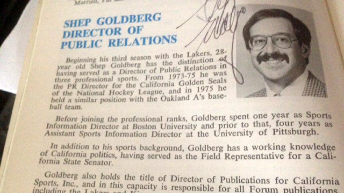 A photo of Shep Goldberg's biography page from the Lakers' 1977-78 media guide.