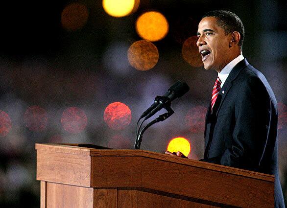 Obama speaks to the crowd at his Chicago rally.