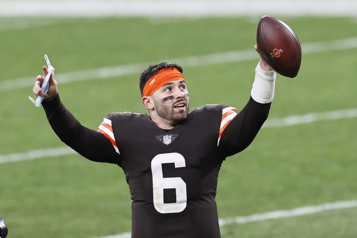 Cleveland Browns quarterback Baker Mayfield celebrates after the Browns defeated the Pittsburgh Steelers in an NFL football game, Sunday, Jan. 3, 2021, in Cleveland. (AP Photo/Ron Schwane)