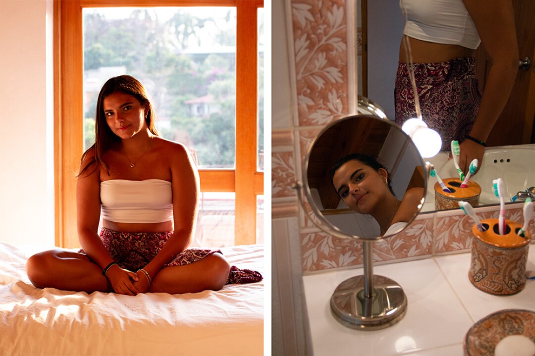 Portraits of Elena Cauduro sitting cross-legged at home and reflected in a mirror.