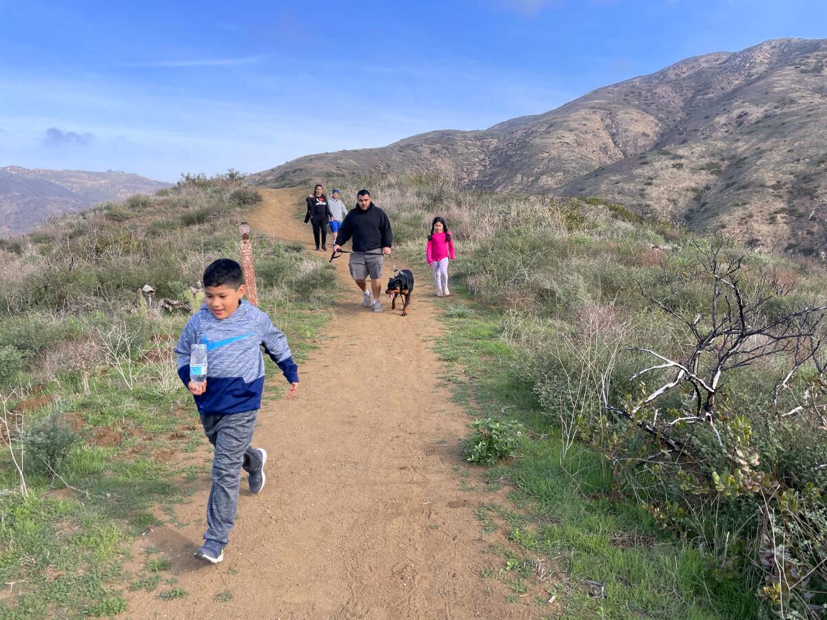 A family coming down a hiking trail with a dog