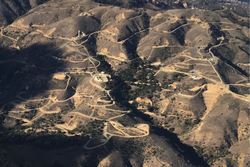 The Aliso Canyon natural gas storage facility, as seen from UC Davis scientist Stephen Conley's airplane earlier this month. Conley is attempting to estimate the amount of methane emissions resulting from the ongoing leak.