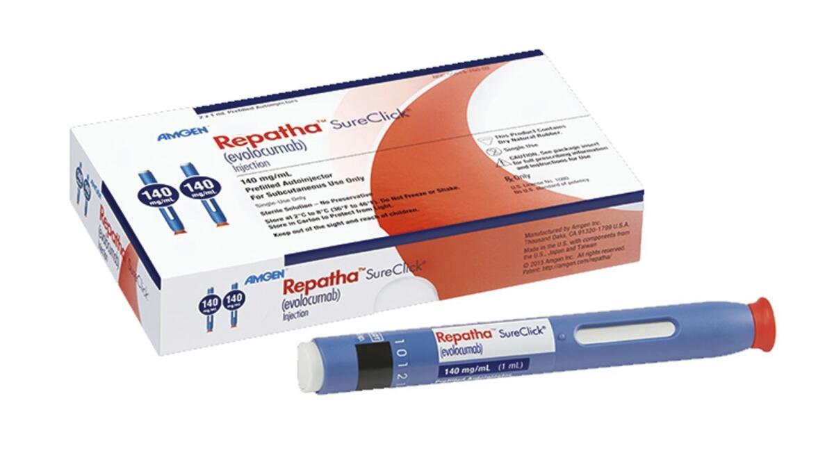 A new class of cholesterol-lowering drugs, including Amgen's Repatha, shown here, have prompted doctors to recommend lower cholesterol targets for their patients.