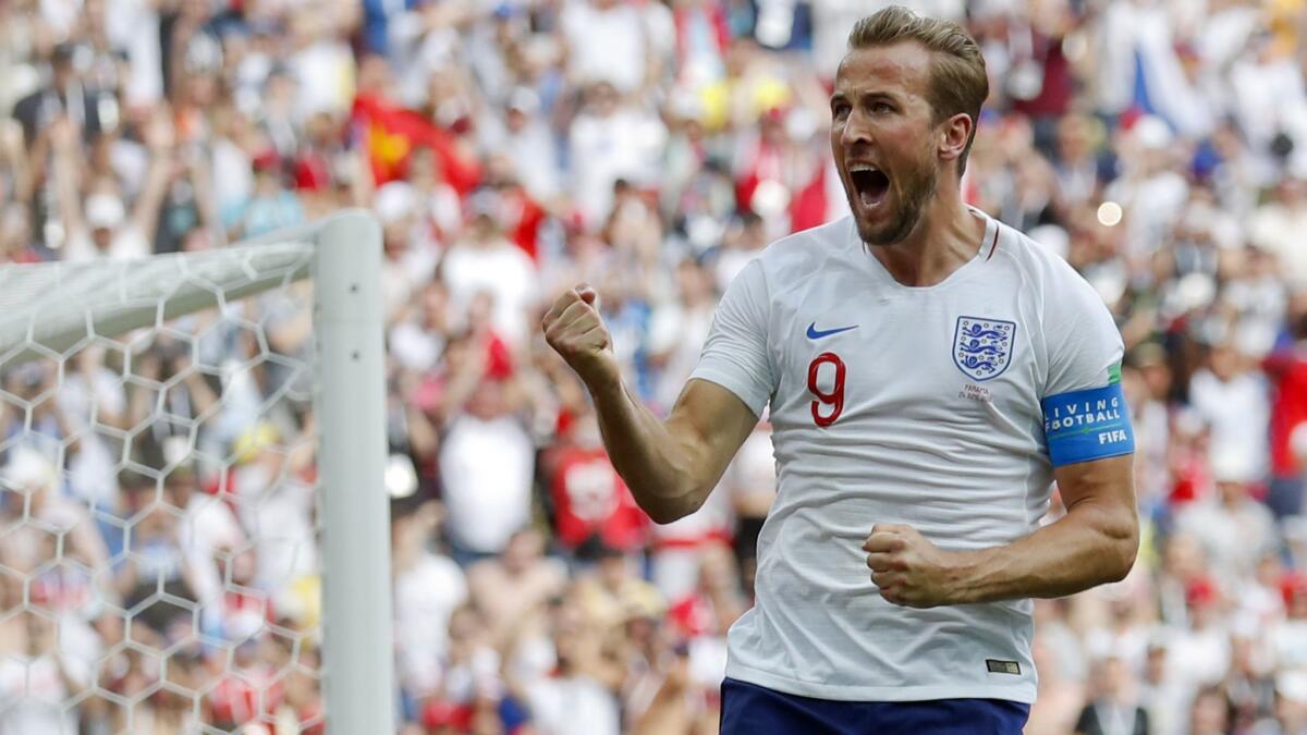 England's Harry Kane celebrates after scoring against Panama on June 24.