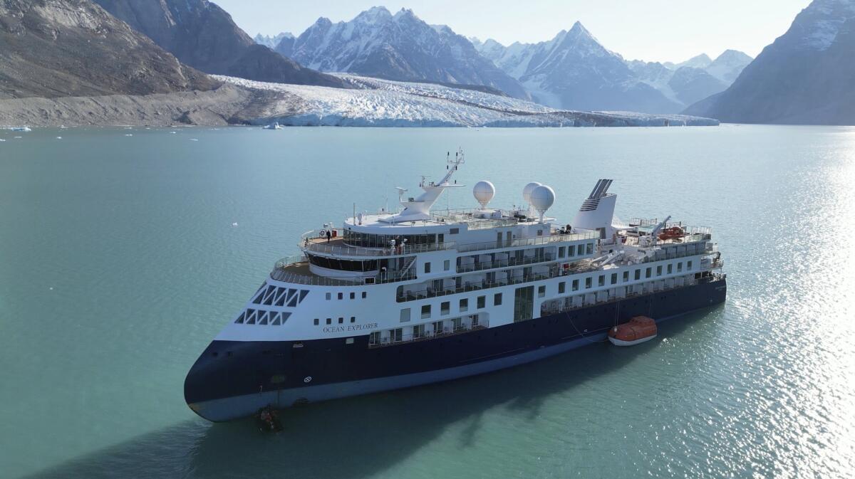 A view of the Ocean Explorer, a Bahamas-flagged Norwegian cruise ship with 206 passengers and crew, which has run aground in northwestern Greenland is pictured on Tuesday, Sept. 12, 2023. The 104.4-meter (343-foot) long and 18-meter (60 foot) wide Ocean Explorer ran aground on Monday in Alpefjord in the Northeast Greenland National Park. Another attempt to pull free a luxury cruise ship with 206 people that ran aground in the worlds northernmost national park has failed by using the high tide. It was the third attempt to free the MV Ocean Explorer. (SIRIUS/Joint Arctic Command via AP)