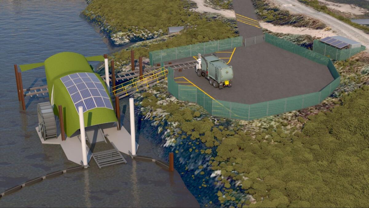 A rendering of an aerial view of the Newport Bay Trash Interceptor.