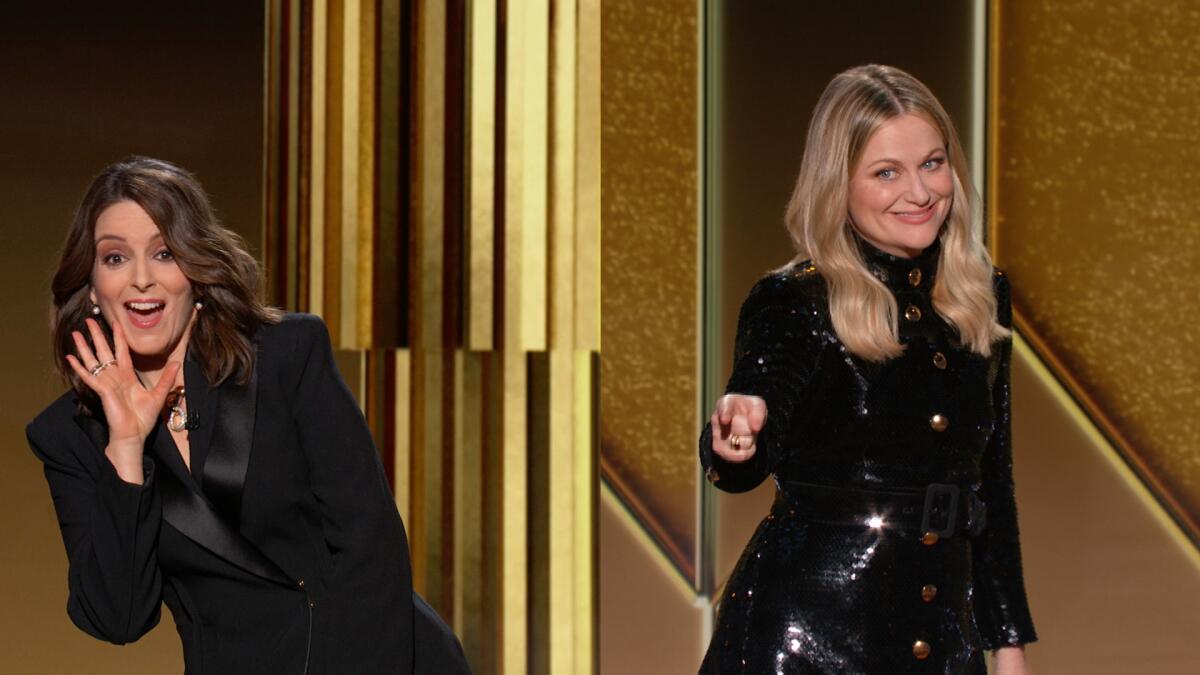 Hosts Tina Fey and Amy Poehler during the 78th Annual Golden Globe Awards.