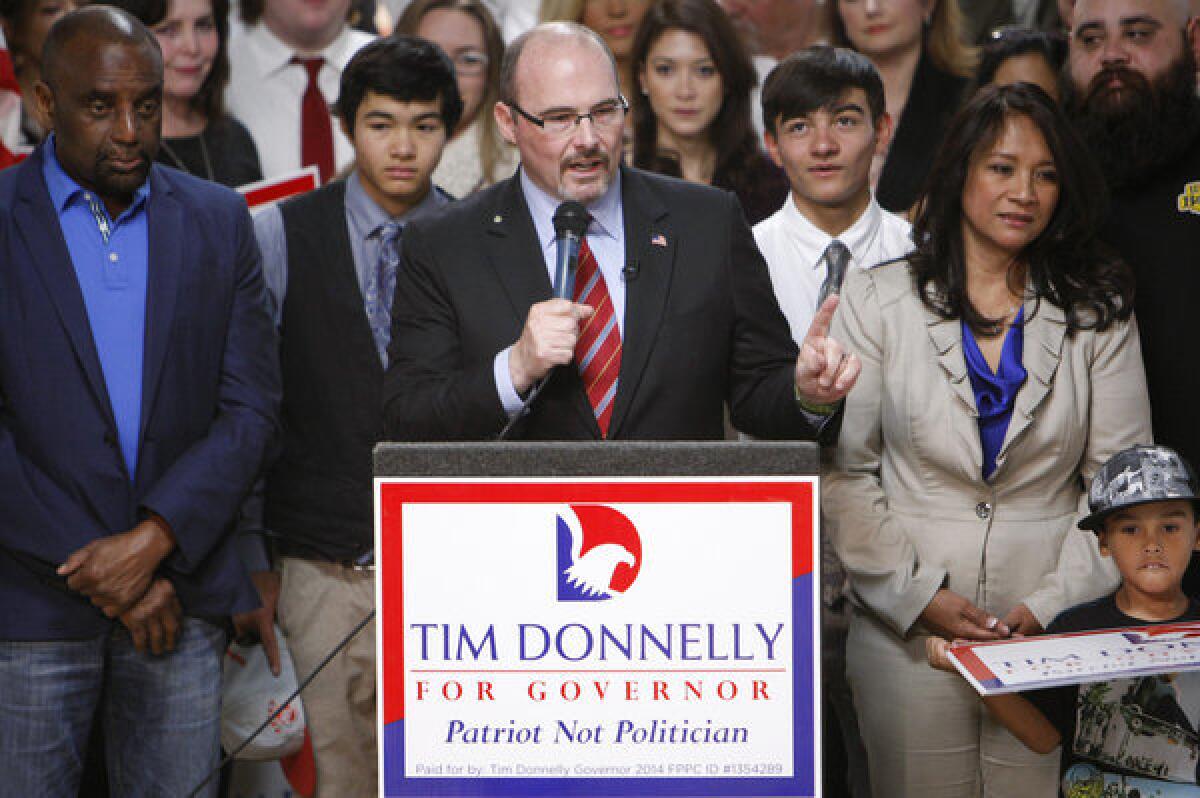 Republican assemblyman Tim Donnelly (D-Twin Peaks) announced his candidacy for governor in Baldwin Park on Tuesday.