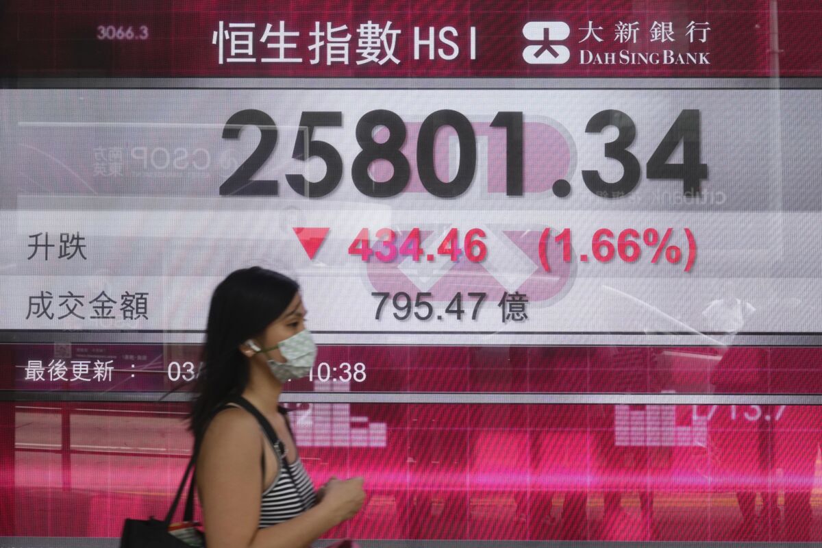 A woman walks past a bank's electronic board showing the Hong Kong share index at Hong Kong Stock Exchange Tuesday, Aug. 3, 2021. Asian stock markets followed Wall Street lower on Tuesday as jitters about the coronavirus's delta variant dented enthusiasm about strong corporate profits. (AP Photo/Vincent Yu)