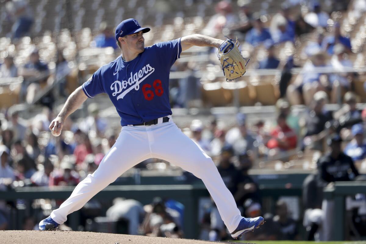 Dodgers starting pitcher Ross Stripling works against a Chicago White Sox batter during the first inning of a spring training baseball on Monday in Phoenix.
