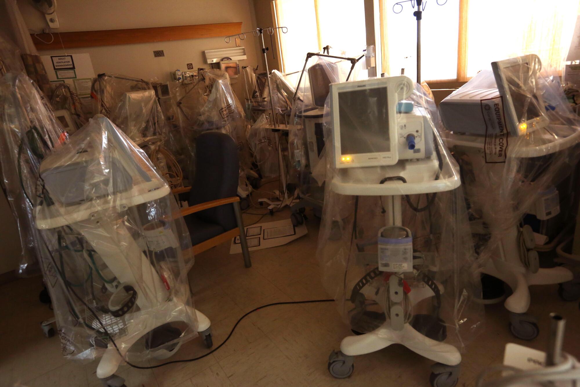 Respirators sit idle inside the shuttered Madera Community Hospital
