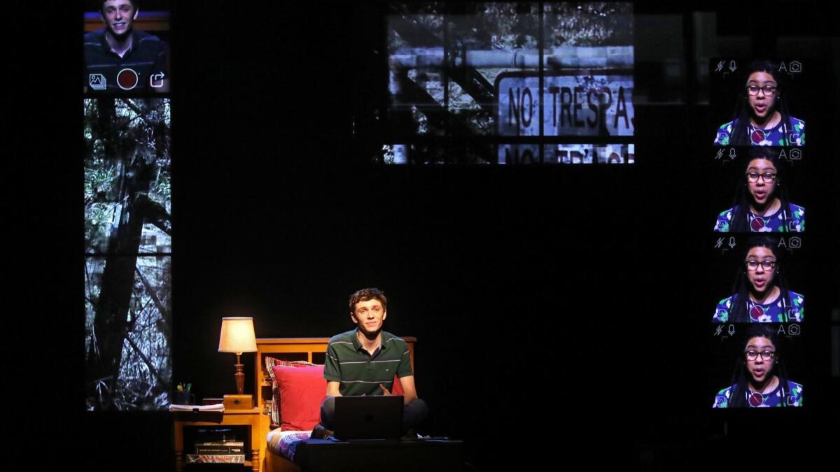Ben Levi Ross as the title character in the sharp touring production of "Dear Evan Hansen" at the Ahmanson Theatre in Los Angeles.